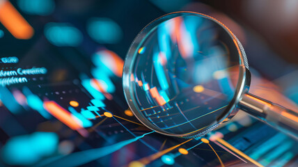Detailed analysis of financial trends with a magnifying glass on a graph, AI Generative. - obrazy, fototapety, plakaty