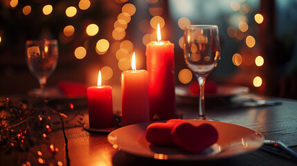 A romantic candlelit dinner with heart-shaped candles, creating a warm and intimate atmosphere, Valentine's Day, candlelit dinner, hd, romantic with copy space - obrazy, fototapety, plakaty