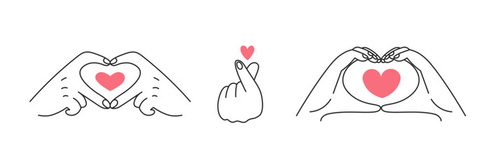 Korean finger heart gesture set. Doodle vector illustration. Collection of hand signs showing and giving love. Support, hope, charity symbol. Hand drawn line art. Vector illustration.
