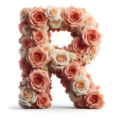 The letter R is made out of rose flowers, the Rose Alphabet, and Valentine Designs, on a White background, isolated on white, photorealistic	