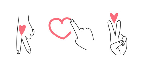 Creative hand gesture with heart set. Collection of hand drawn fingers showing love. Positive, valentines day, wedding concept design. Outline symbols, icons, signs. Vector illustration