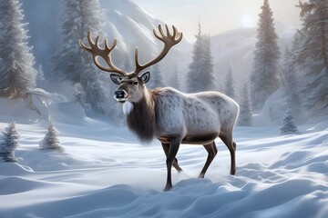 A reindeer is roaming round with a winter landscape background