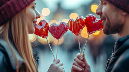 Playful and sweet snapshot of a couple sharing heart-shaped lollipops, creating a fun and lighthearted mood, Valentine's Day, lollipop love, hd, playful with copy space - obrazy, fototapety, plakaty