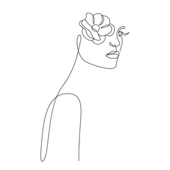 Woman Head with Flowers Line Vector Drawing. Style Template with Female Face with Flowers. Modern Minimalist Simple Linear Style. Beauty Fashion Design