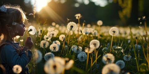 Portrait of a beautiful little girl with flowers. Spring concept landscape.