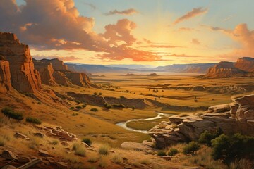 Beautiful painting depicts a wild west prairies canyon with stunning landscape. Generative AI - obrazy, fototapety, plakaty