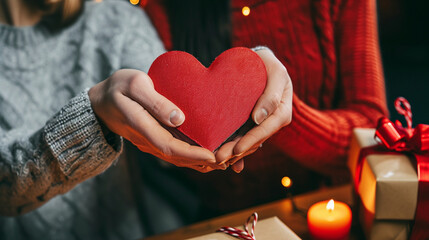 Playful image of a couple exchanging heart-shaped gifts, showcasing the excitement and joy of gift-giving, Valentine's Day, gift exchange, hd, playful with copy space