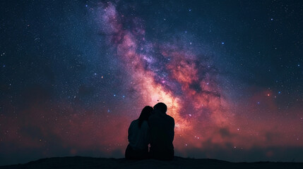 Intimate snapshot of a couple sharing a tender moment while stargazing, surrounded by the beauty of...