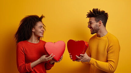 Playful image of a couple exchanging heart-shaped gifts, showcasing the excitement and joy of gift-giving, Valentine's Day, gift exchange, hd, playful with copy space