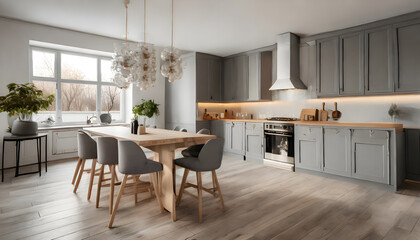 Bright kitchen interior with gray furniture and big dining table. Generative AI.