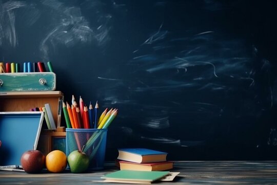 Blue chalkboard with school supplies in the classroom. Generative AI