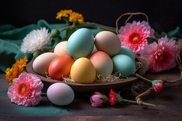 Colorful eggs, spring celebration, festive meal, greeting card. Generative AI