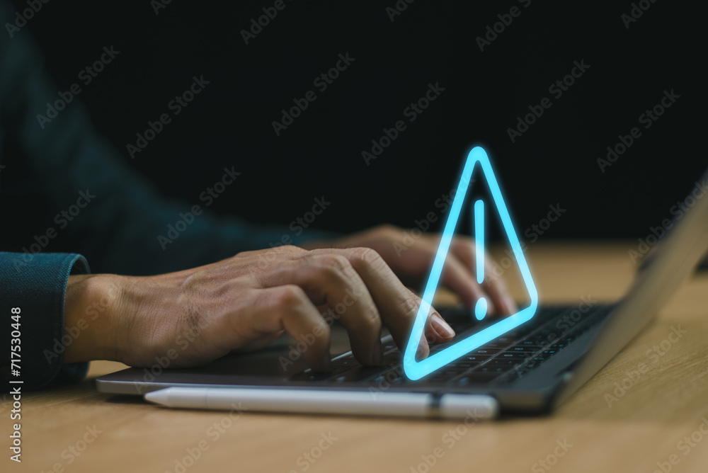 Poster attack system warning hacked alert on computer screen, cyber scam. cybersecurity vulnerability ident