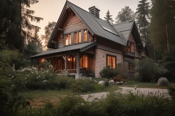 Fototapeta na wymiar warm home exterior of rustic country house near trees. Generative AI