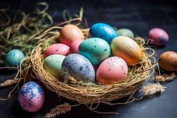 Naklejka na ściany i meble Colorful eggs, spring celebration, festive meal, greeting card. Generative AI