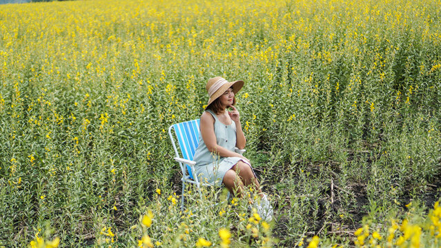 happy smiling beautiful woman in a dress and straw hat sitting in a Crotalaria spectabilis field. Stylish woman looking at camera with delightful smile, sitting surrounded by wildflowers in meadow.