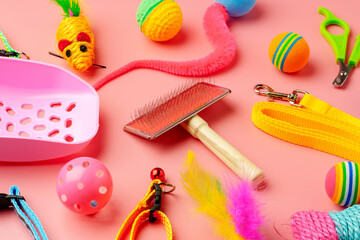 Pet toys on pink background studio shot