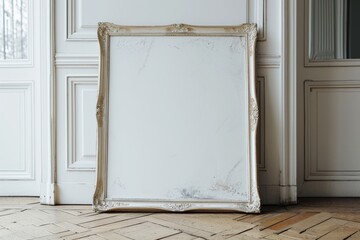 blank vintage picture frame standing on the floor of a parisian appartement - design/art mockup template