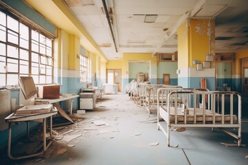 vacant hospital ward with rusted beds - obrazy, fototapety, plakaty