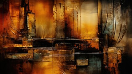 Artistic abstract with urban elements and a dominant golden color scheme