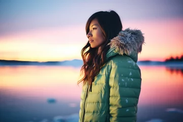 Poster woman in a warm jacket gazing at aurora borealis © studioworkstock
