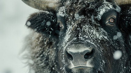 Closeup of a musk oxens face its nostrils flared and breath visible in the cold air a fierce look in its eye as it protects its herd from the elements. - obrazy, fototapety, plakaty