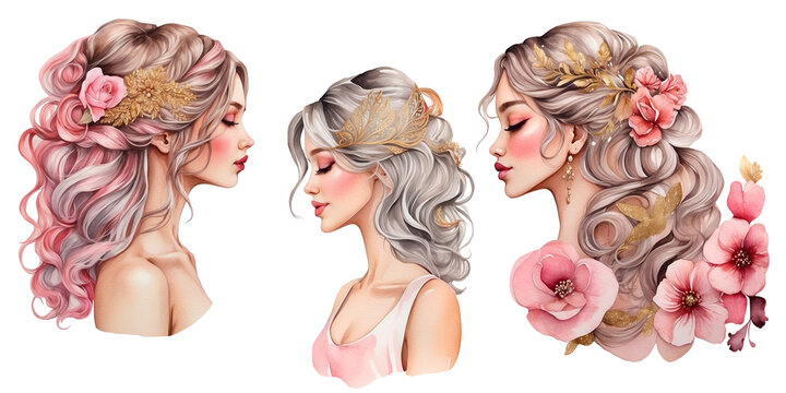 Beautiful girl with long wavy hair. Portrait of a beautiful woman with pink flowers in her hair. Hair style watercolor image