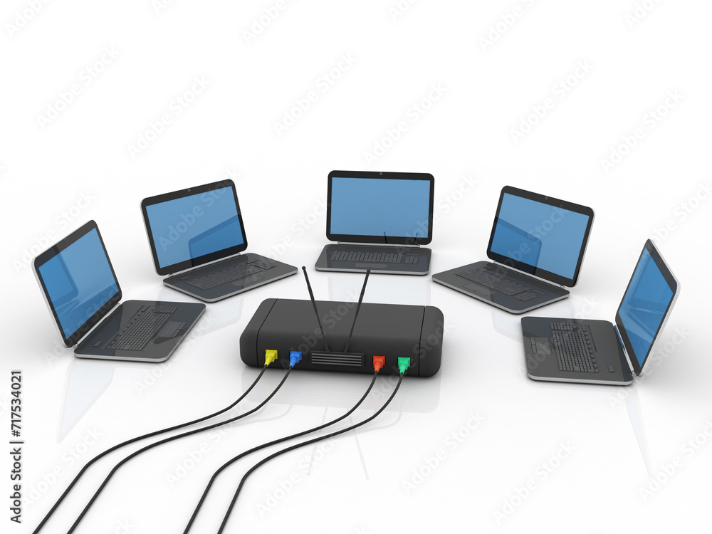 Poster 3d rendering computer network with modem connected aux cable