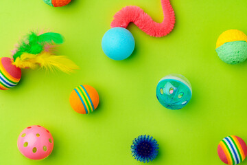 Fototapeta na wymiar Colorful pet toys balls on green background