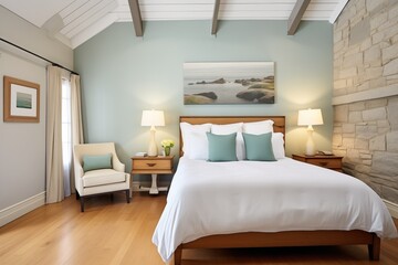 bedroom with stone wall, white linens