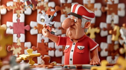 A jigsaw piece referee with a whistle in hand blowing it and pointing to a piece that has clearly cheated by using parts from a different puzzle.