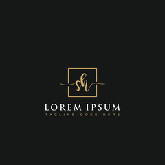 Initials letters SH linked inside square line box vector logo designs isolated in black background