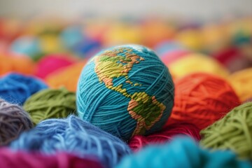 Planet earth made from colorful yarn, sustainable textiles eco-friendly fashion, zero waste and renewable energy in fashion industry