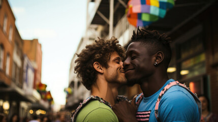 A tender moment between an interracial gay couple, embracing at a pride event.