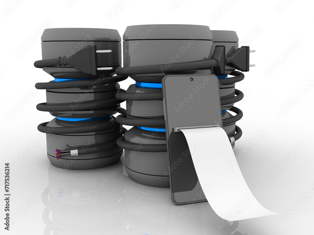 Poster 3d rendering mobile phone with database connected optical cable