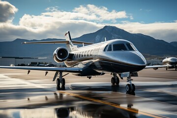 Private jet on a runway, ready for an exotic adventure, Generative AI