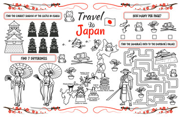 A holiday placemat for kids. Print out the &ldquo;Travel to Japan&rdquo; sheet with a labyrinth, find the differences, and find the same ones. 17x11 inch printable vector file
