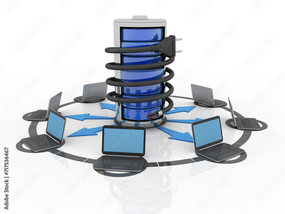 Poster 3d rendering technology computer network with database connected optical cable