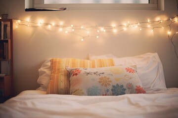 fairy lights wrapped around a beds headboard
