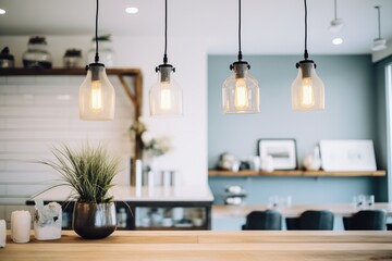 industrial pendant lights over a dining table - obrazy, fototapety, plakaty