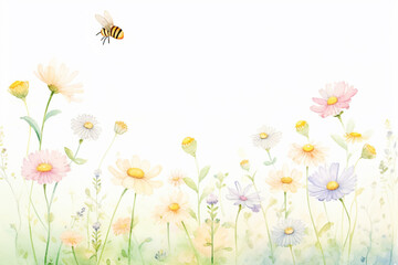 A busy bee on the beautiful flowers in a lush garden , cartoon drawing, water color style
