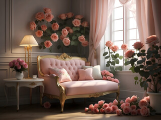  A low key art piece portraying a romantically decorated room with roses