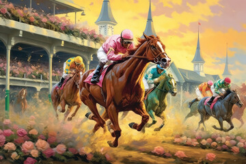 Watercolor illustration of the Kentucky Derby horse race. - obrazy, fototapety, plakaty