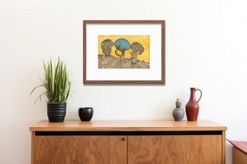 framed linocut print hung on a modern gallery wall