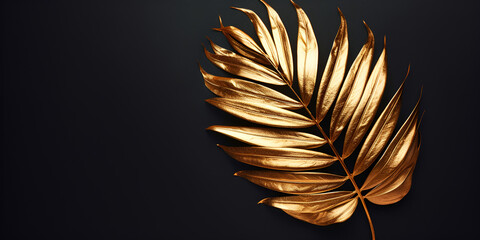 single golden areca palm tropical leaf in golden foil color washed on, with empty space, isolated black background, copy space, banner, generative ai
