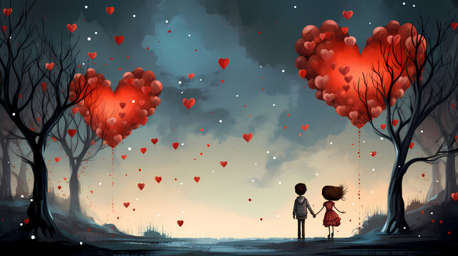 Des enfants amoureux pour la Saint Valentin avec des coeurs et des ballons