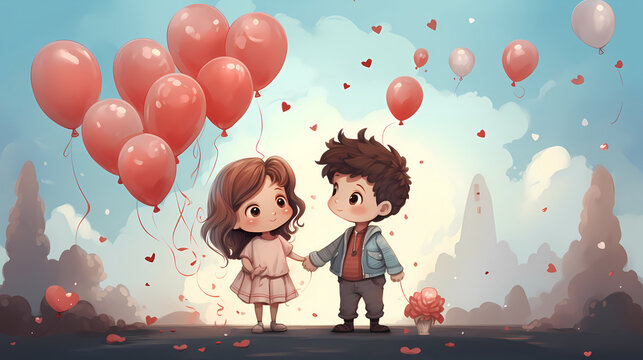 Des enfants amoureux pour la Saint Valentin avec des coeurs et des ballons