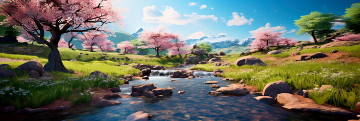 bubbling brook surrounded by blossoming trees, capturing the soothing and refreshing spirit of spring.