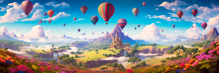 Magical hot air balloon flight through the clouds and fantastic landscapes.