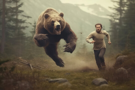 A man is running away from a grizzly bear in the forest.